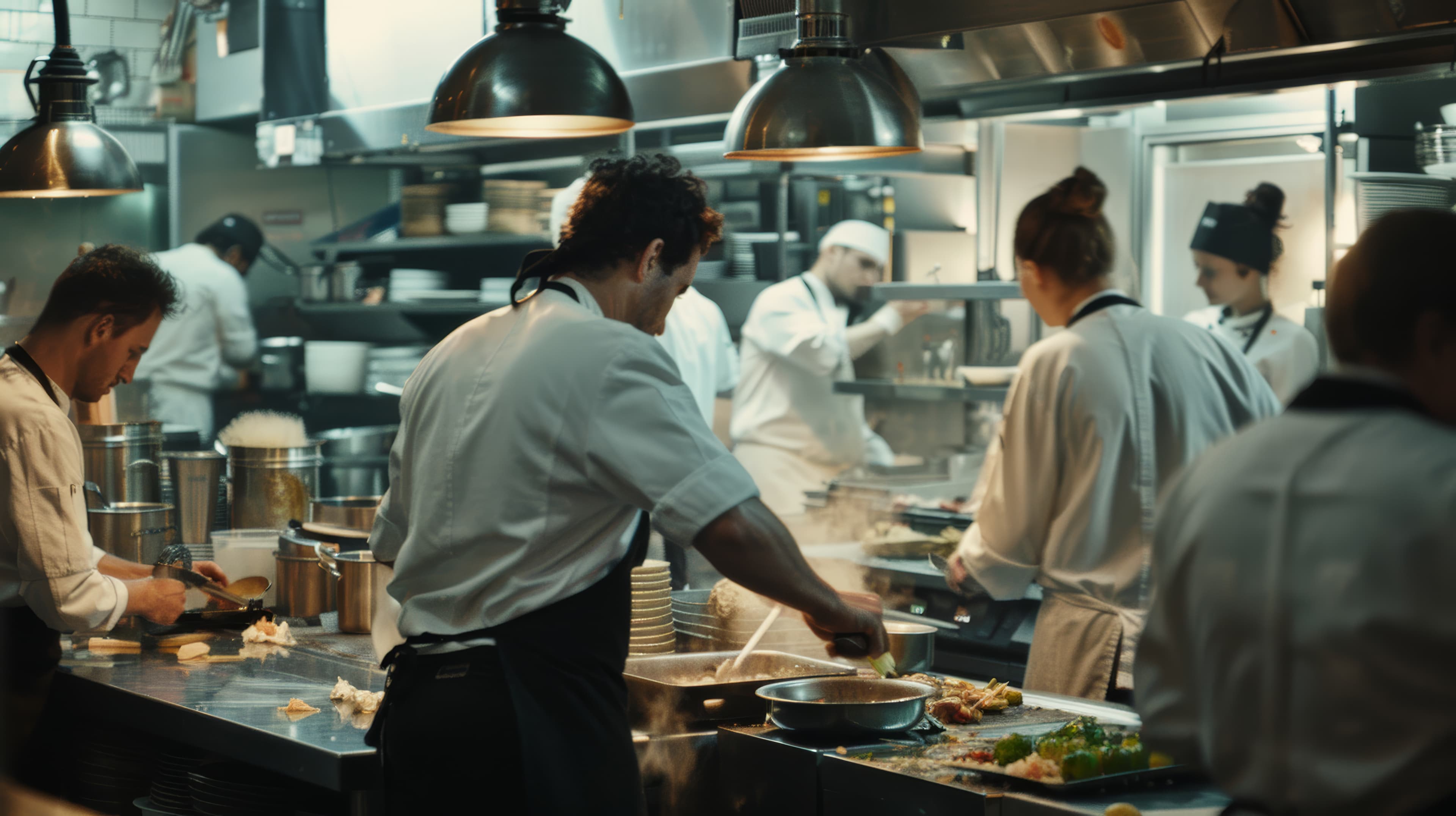 Busy kitchen line team at work
